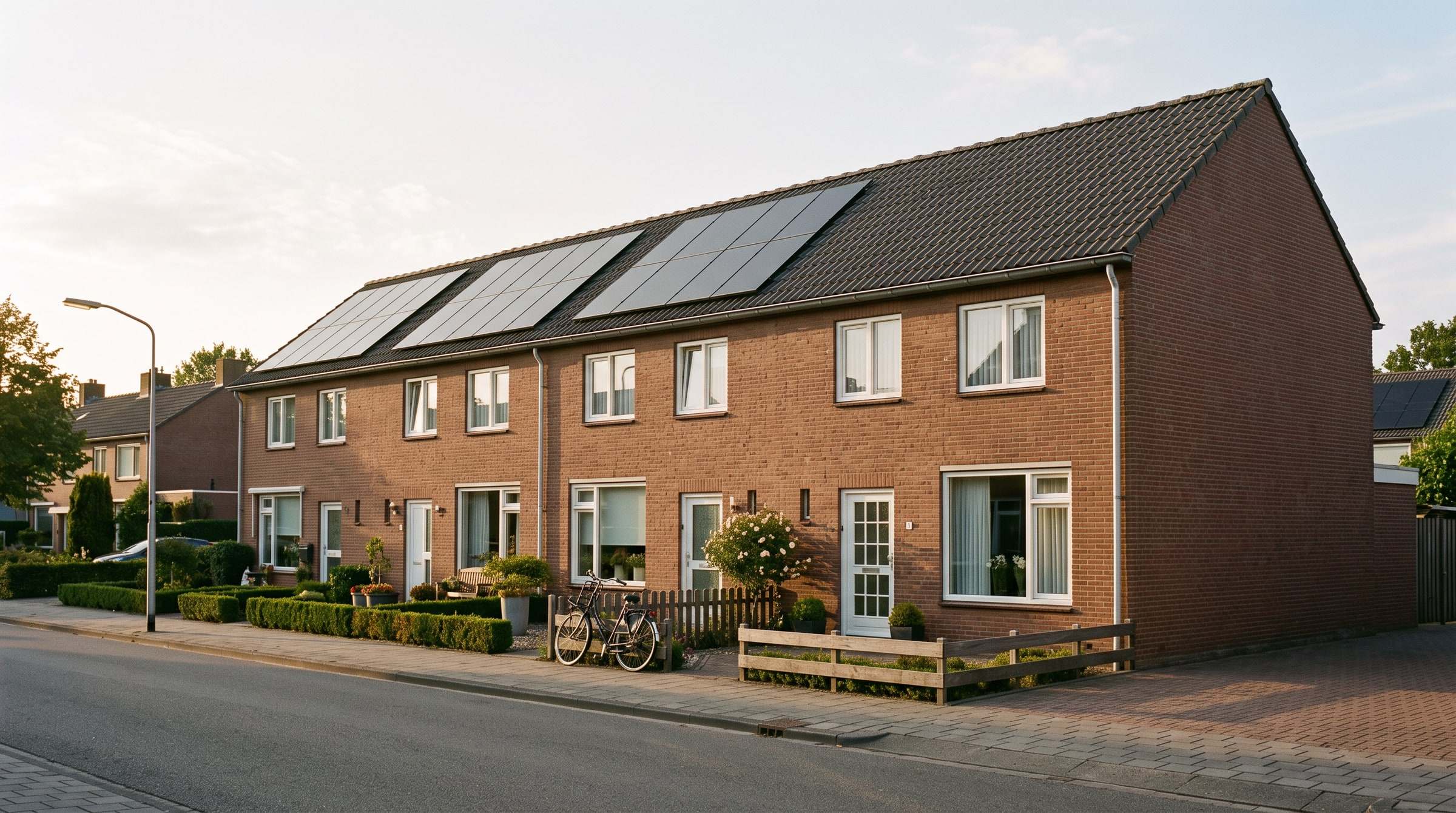 Rij Nederlandse woningen met zonnepanelen op de daken bij helder weer