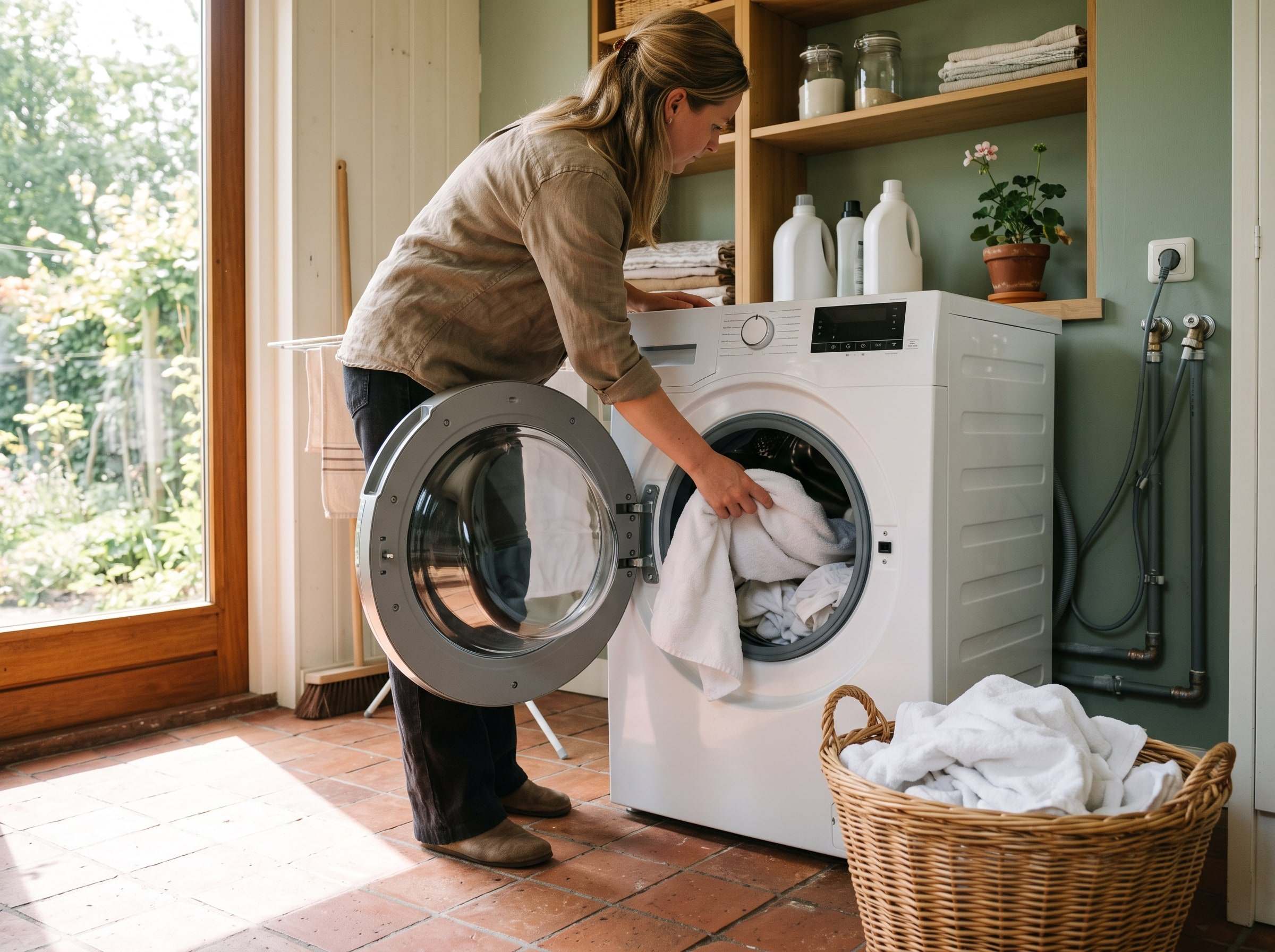 Wasmachine die overdag draait in een lichte bijkeuken met zon door het raam