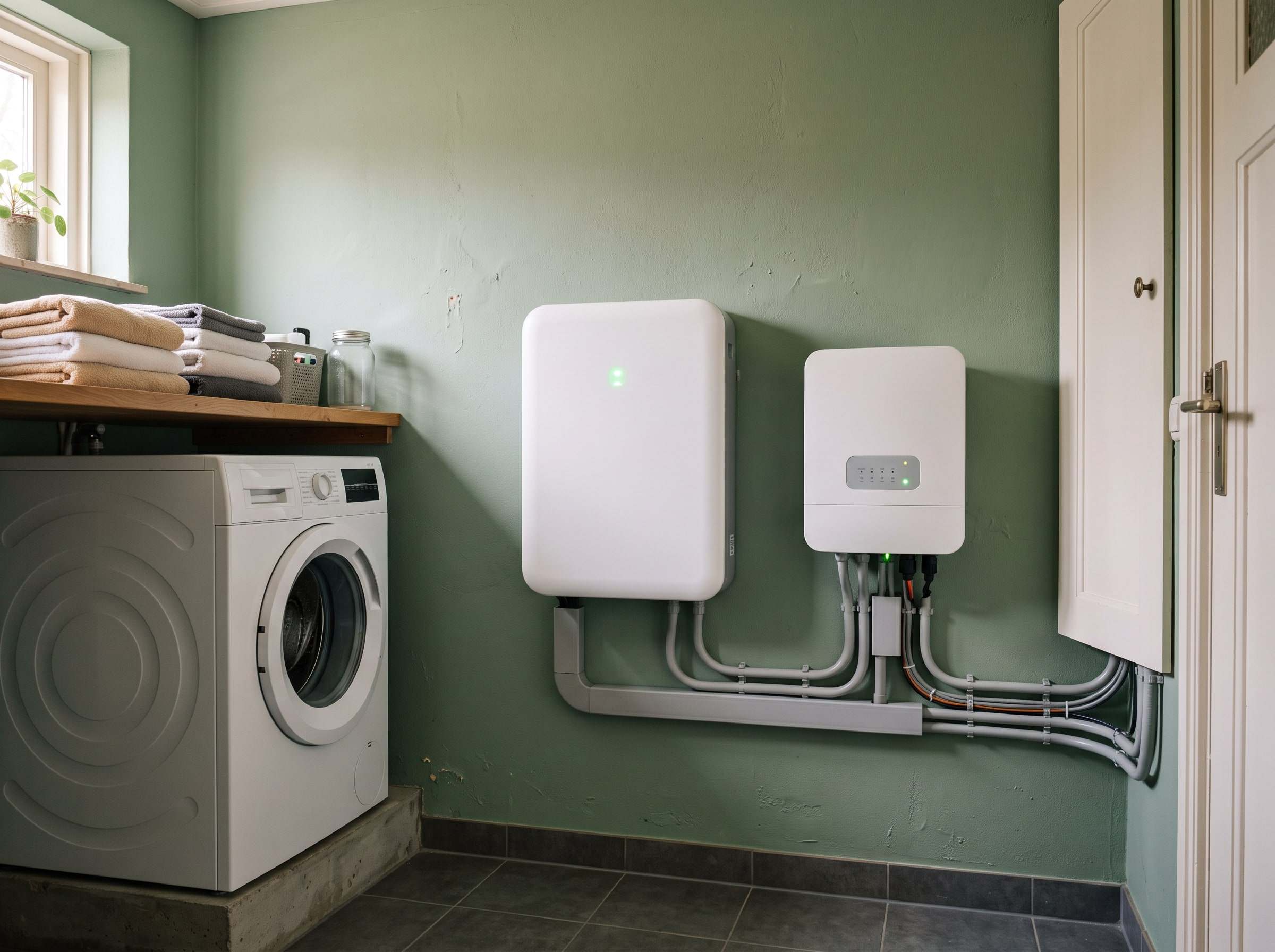 Vaste thuisbatterij met omvormer aan de wand van een bijkeuken
